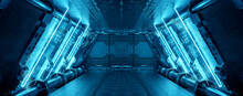 Blue Spaceship Interior With Neon Lights On Panel Walls. Futuristic Corridor In Space Station Background. 3d Rendering