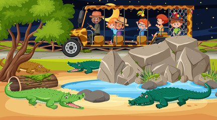 Wall Mural - Alligator group in Safari scene with children in the tourist car