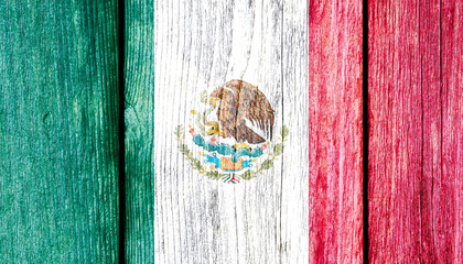 Wall Mural - Grunge pattern of Mexico national flag isolated on weathered wooden fence board.