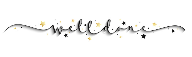 Sticker - WELL DONE black vector brush calligraphy banner with gold and black stars