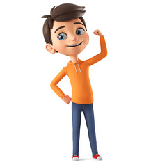 Wall Mural - Cartoon character boy in orange sweatshirt celebrating the achievement of a goal. 3d render illustration.