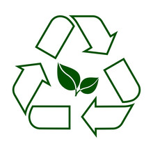 Icon Of Recycling Sign And Green Leaves. Symbol Of Circular Economy And Sustainable Products Made Of Recycled, Recyclable Or Biodegradable Materials. Vector Illustration