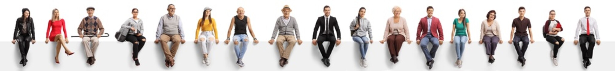 young and elderly people sitting on a blank panel