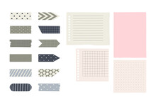 Set With Pieces With Paper And Washi Tape With Different Patterns. Hand Drawn Vector Illustrations Isolated On White Background.