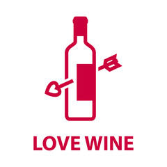 Poster - Logotipo con texto Love Wine con botella de vino con flecha de cupido con lineas en color granate