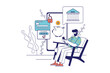 © DesignSells - Online banking concept in flat line design for web banner. Man makes financial transactions on Internet using app on mobile phone, modern people scene. Vector illustration in outline graphic style