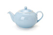 Side view of a blue china tea pot isolated on white background. Contains clipping path.