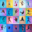 © master1305 - Set of images of different professional sportsmen, fit people in action, motion isolated on multicolor background in neon light.