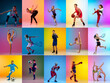 Leinwandbild Motiv Set of images of young sportsmen, little boys and girls in action, motion isolated on multicolor background in neon light.