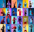 Leinwandbild Motiv Set of images of mix-aged sportsmen, male and female athletes with sport equipment isolated on multicolor background in neon light.