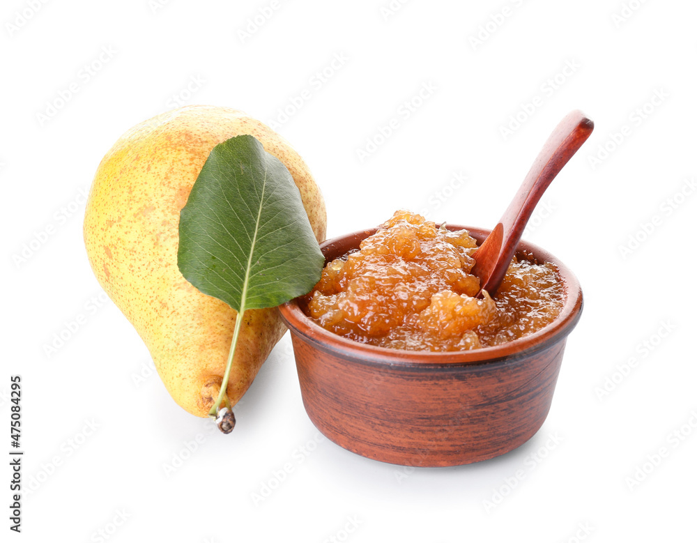 Bowl of delicious pear jam on white background