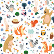Seamless childish pattern with cartoon fox, bear, racoon, owl, bunny, mouse and forest elements. Creative kids texture for fabric, wrapping, textile, wallpaper, apparel. Vector illustration