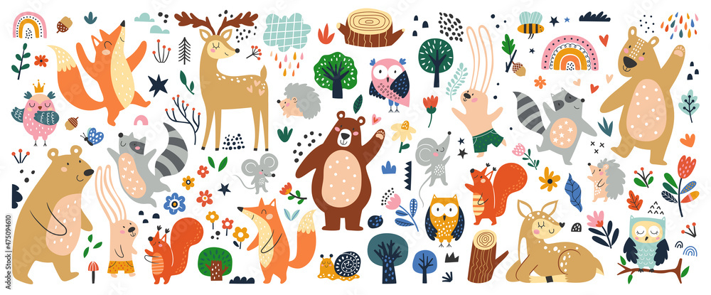 Isolated set with cute woodland forest animals in cartoon style. Ideal ...