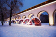 Moscow, Russia - December 14, 2021: Rostokinsky Aqueduct. Evening.
 A powerful and majestic arched structure 