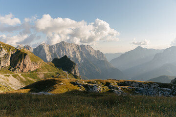 Wall Mural - Julian Alps mountains Autumn Sunset view from Mangart, Slovenia. Scenis Image of Slovenia.