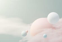 3d Render Of Pastel Ball, Soaps Bubbles, Blobs That Floating On The Air With Fluffy Clouds And Ocean. Romance Land Of Dream Scene. Natural Abstract Dreamy Sky.