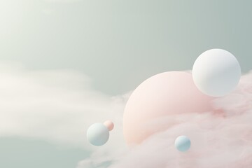 3d render of pastel ball, soaps bubbles, blobs that floating on the air with fluffy clouds and ocean