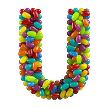 Alphabet Letter U Made Of Jelly Beans Candy Isolated On White Background. 3D Illustration.
