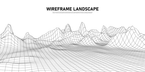 Wall Mural - Digital wireframe landscape. Wireframe terrain polygon landscape design. Digital cyberspace in mountains with valleys. Vector illustration.