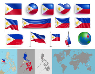 Wall Mural - philippines flags of various shapes and geographic map set. philippine realistic flags, glossy butto