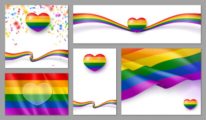 set of banners with lgbt pride symbols in rainbow colors. pride month or another holiday event poste