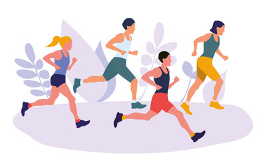 Different people jogging. Active healthy lifestyle concept, running, city competition, marathons, cardio workout, exercise. Isolated illustrations for flyer, leaflet, advertising banner