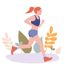 Young woman jogging. Active healthy lifestyle concept, running, city competition, marathons, cardio workout, exercise. Isolated illustrations for flyer, leaflet, advertising banner