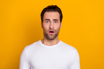 Sticker - Photo of young man astonished frightened failure open mouth crazy isolated over yellow color background