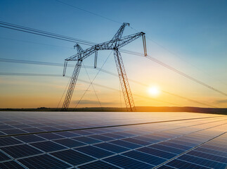 high voltage towers with electric power lines transfering energy from solar photovoltaic panels at s