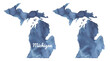 Water color illustration of navy blue Michigan State Map set: blank one and with state name lettering. Hand painted watercolour drawing with art stains on white, cut out clipart elements for design.