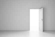 3D Illustration Open Door In A White Room With The Outgoing Light