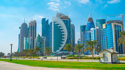 doha city with many landmark towers , view from the corniche area.