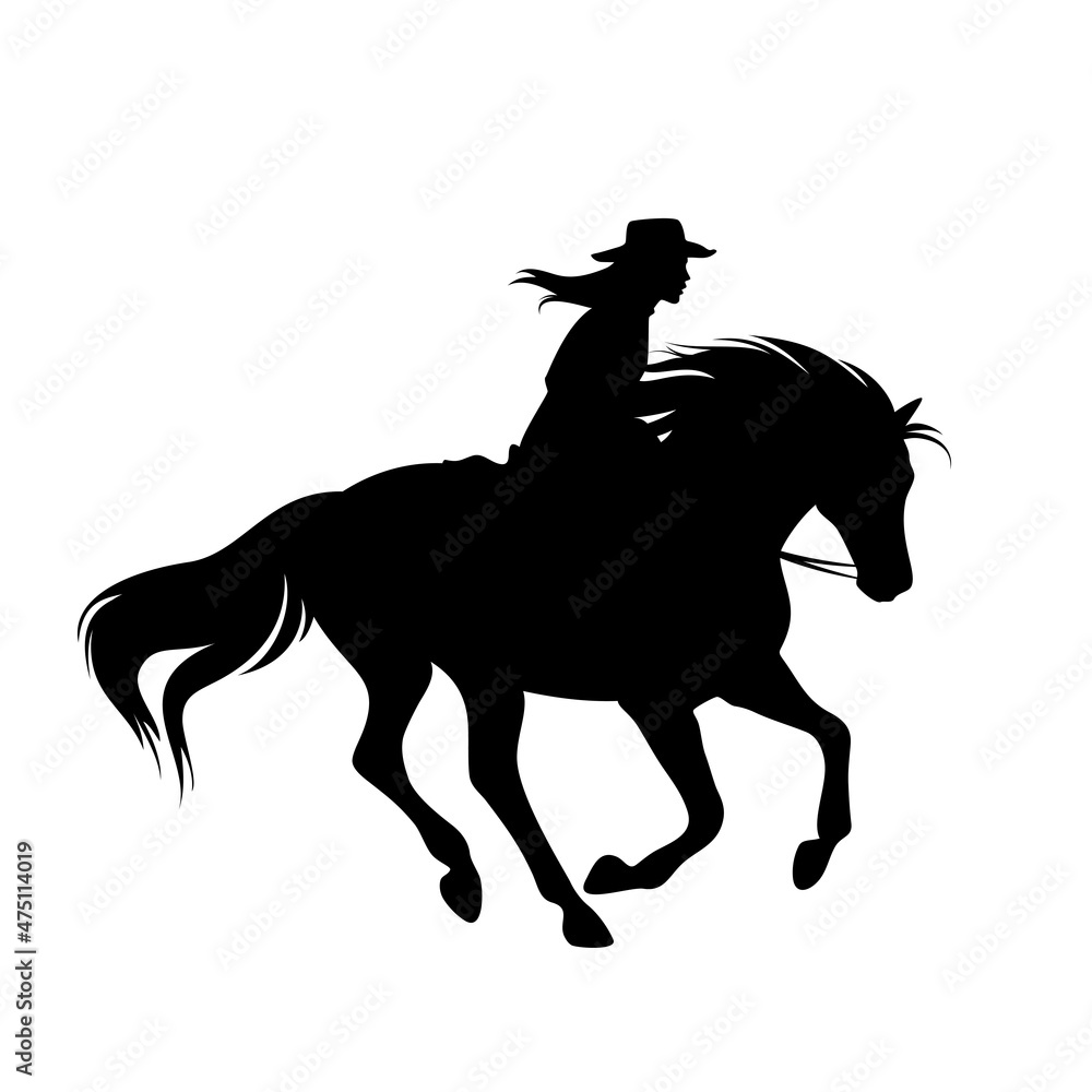 cowgirl riding galloping horse - running stallion and woman wearing cowboy  hat black and white vector silhouette design Stock Vector | Adobe Stock, image size:1000x1000