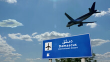 Plane Landing In Damascus Syria Airport With Signboard