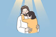 Jesus hug comfort crying girl child feel supportive show love and care. Christ embrace support unhappy sad kid distressed with problems. Faith and religion. Believer in God. Vector illustration. 
