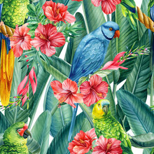 Watercolor Tropical Seamless Pattern With Colorful Parrots, Exotic Flowers, Palm Leaves. Floral Design, Jungle Plants 