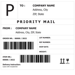 shipping barcode label template. packaging, cargo labels or sticker. priority mail with barcode mock