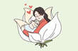 © drawlab19 - Young woman hug cuddle old mother show love and care. Happy millennial girl embrace comfort mature elderly grandmother. Geriatrics, good maturity concept. Flat vector illustration.