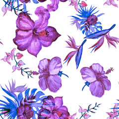 Wall Mural - Pink Hibiscus Leaves. Purple Flower Backdrop. Violet Seamless Wallpaper. Watercolor Garden. Pattern Painting. Indigo Tropical Print. Exotic Print. Art Decor