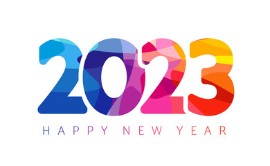 Wall Mural - 2023 A Happy New Year congrats. Cut out creative coloured digits. Stained-glass art logotype concept. White backdrop. Abstract isolated graphic design template. Decorative numbers two, zero and three.