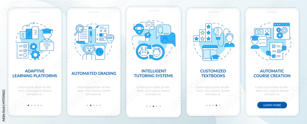 Automation of education blue onboarding mobile app screen set. AI ...