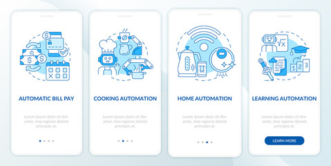 Everyday life automation blue onboarding mobile app screen. Auto system walkthrough 4 steps graphic instructions pages with linear concepts. UI, UX, GUI template. Myriad Pro-Bold, Regular fonts used