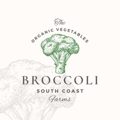 Wall Mural - broccoli logo template. hand drawn vegetable sketch with retro typography. premium plant based vegan
