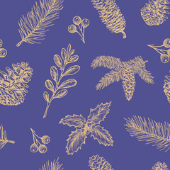 Wall Mural - Hand Drawn Christmas Vector Seamless Pattern with Very Peri Background. Pine branches, strobiles holly and mistletoe sketches card or cover Template. Color of the year 2022 winter holiday wallpaper