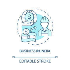 Business in India turquoise concept icon. Skilled workforce abstract idea thin line illustration. Stable economy. Isolated outline drawing. Editable stroke. Roboto-Medium, Myriad Pro-Bold fonts used