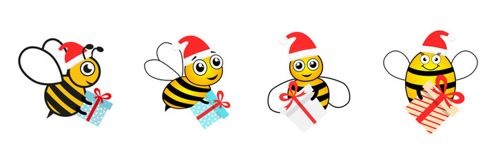 Bees characters holding surprises collection. Bumblebee set. Cute bee wear Santa hat and gift box. Merry Christmas concept. Vector isolated on white.