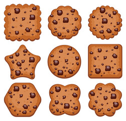 Wall Mural - vector set of chocolate chip cookies of different shapes