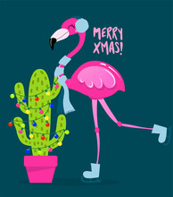 Merry Xmas! - Calligraphy Phrase For Christmas With Cute Flamingo Girl And Cactus Christmas Tree. Hand Drawn Lettering For Xmas Greetings Cards, Invitations. Good For T-shirt, Mug, Scrap Booking, Gift