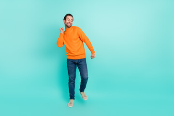 Canvas Print - Full length photo of young cheerful man good mood dance hang-out festive isolated over teal color background