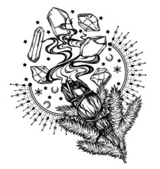 vector illustration, magical smudge sticks and crystals, alchemy, spirituality and occultism,magic s